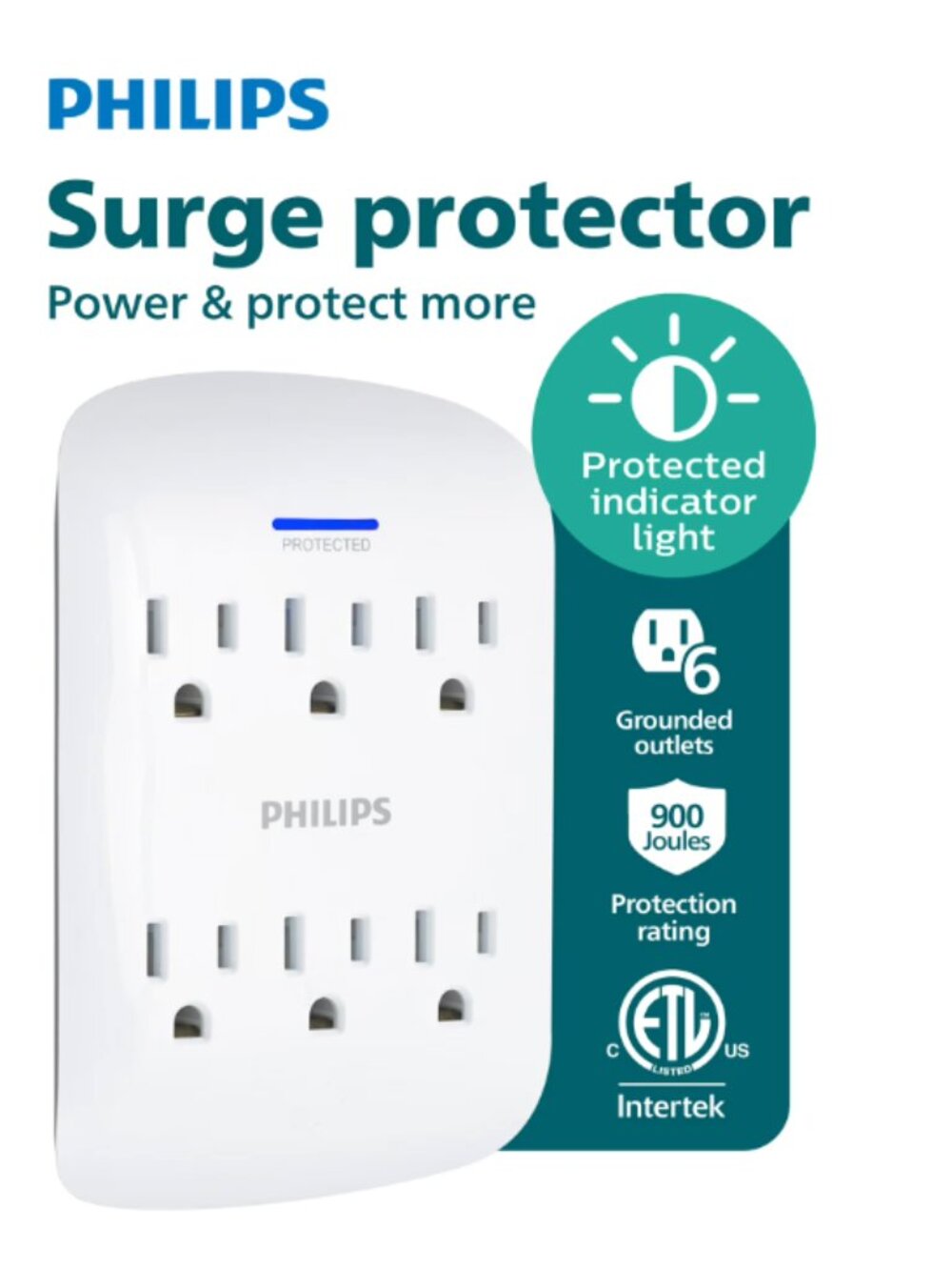 Philips 6-Outlet Surge Protector Tap, 900 Joules, Space Saving Design, 3-Prong